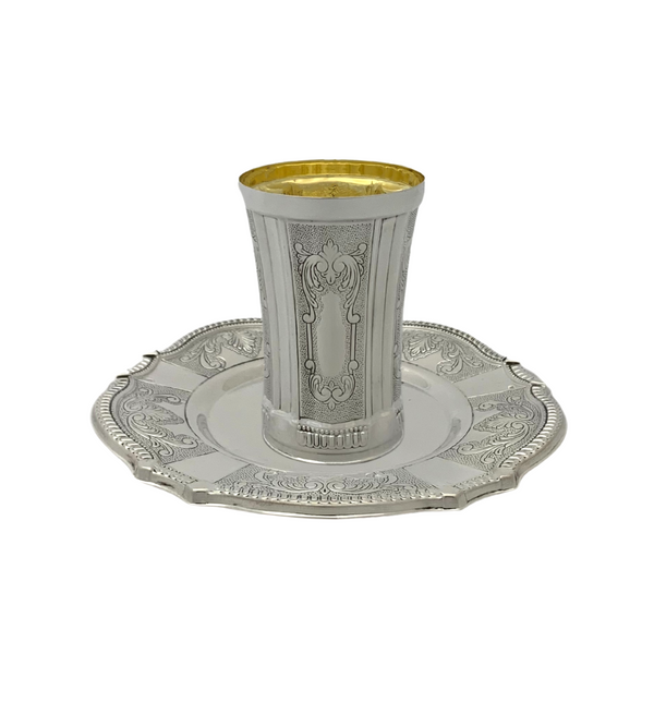 FINE 925 STERLING SILVER HANDMADE SWIRL CHASED ORNATE MATTE & SHINY CUP & TRAY