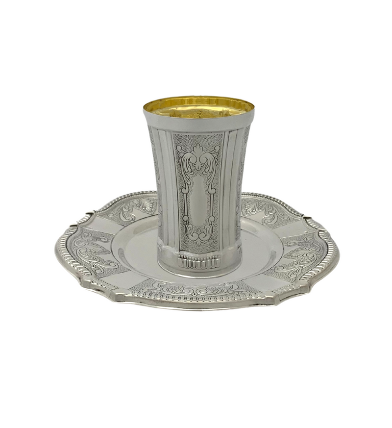 FINE 925 STERLING SILVER HANDMADE SWIRL CHASED ORNATE MATTE & SHINY CUP & TRAY