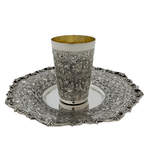 925 STERLING SILVER HANDMADE MULTI FLORAL LEAF ORNATE MATTE & SHINY CUP & TRAY