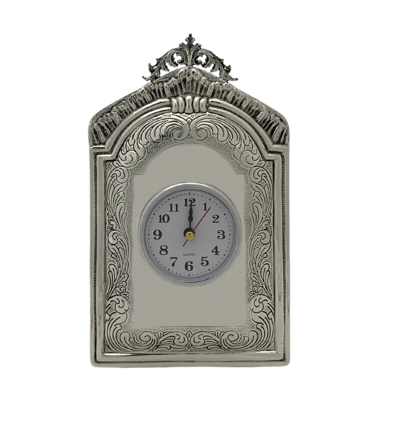 925 STERLING SILVER HANDMADE CHASED ORNATE LEAF MATTE & SHINY QUARTZ TABLE CLOCK