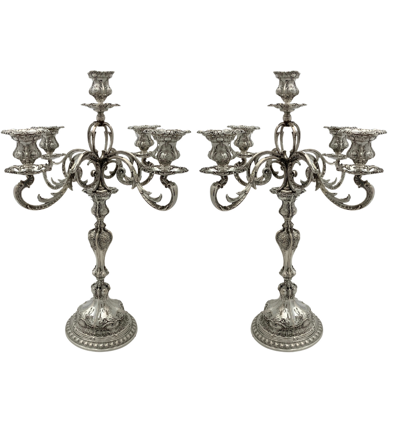 ANTIQUE EUROPEAN 800 SILVER HANDMADE REPOUSSE 5 LIGHT BAROQUE CANDELABRA PAIR