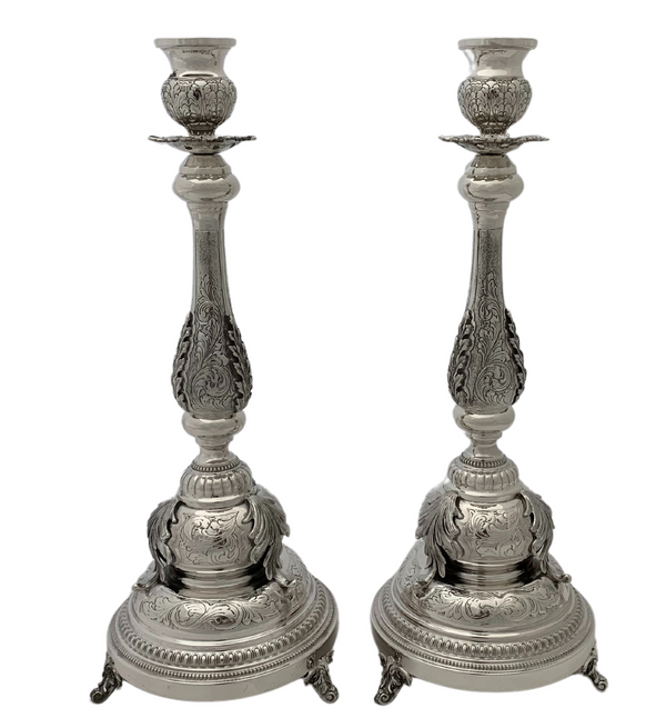 ITALIAN 925 STERLING SILVER HANDMADE CHASED LEAF APPLIQUE ORNATE CANDLESTICKS