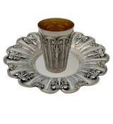FINE 925 STERLING SILVER HANDMADE ORNATE LEAF APPLIQUE MATTE & SHINY CUP & TRAY