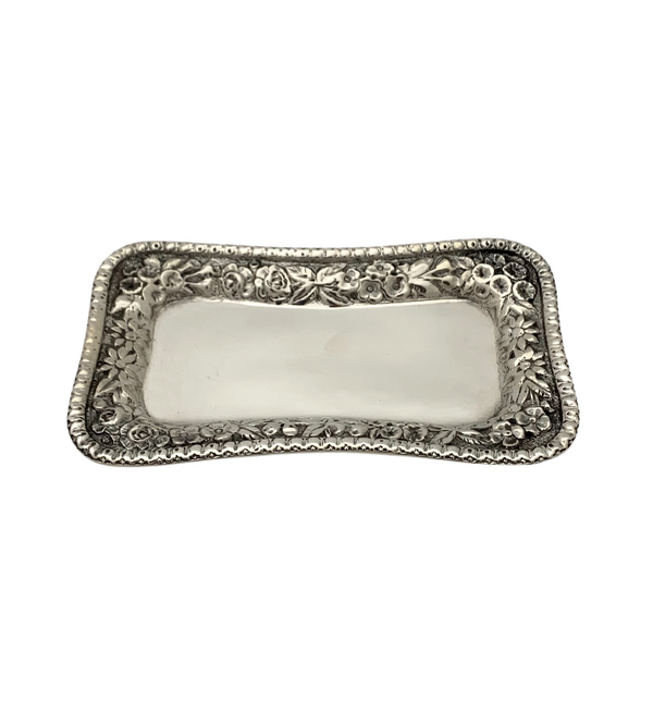 SMALL ANTIQUE S. KIRK & SONS 925 STERLING SILVER HANDMADE REPOUSSE FLORAL TRAY