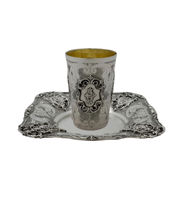 FINE 925 STERLING SILVER HANDMADE FLORAL LEAF APPIQUE CHASED ORNATE CUP & TRAY