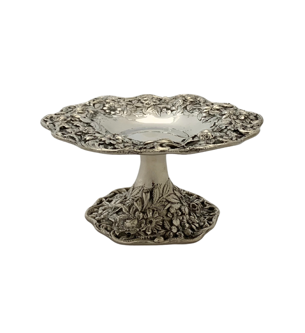 ANTIQUE S. KIRK & SON 925 STERLING SILVER HANDMADE REPOUSSE ORNATE COMPOTE DISH