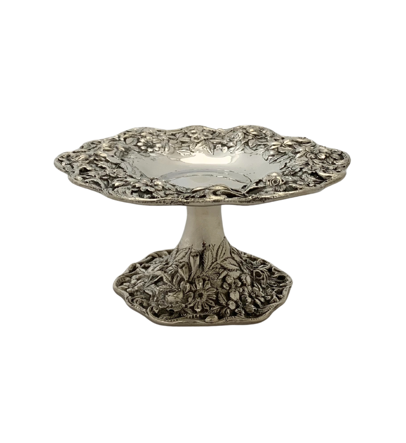 ANTIQUE S. KIRK & SON 925 STERLING SILVER HANDMADE REPOUSSE ORNATE COMPOTE DISH