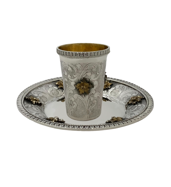 ITALIAN 925 STERLING SILVER & GILDED HANDMADE FLORAL APPLIQUE ORNATE CUP & TRAY