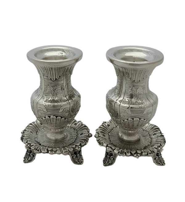 FINE SMALL 925 STERLING SILVER HANDMADE CHASED ORNATE STRIATED CANDLESTICKS