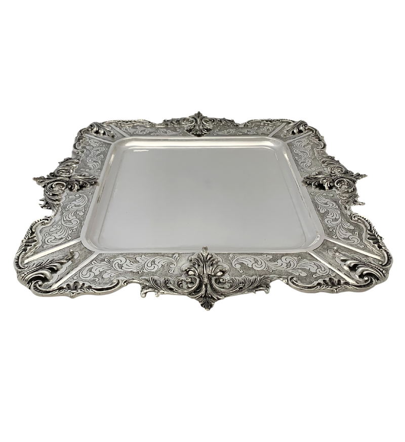 FINE 925 STERLING SILVER HANDMADE CHASED LEAF APPLIQUE MATTE & SHINY SQUARE TRAY