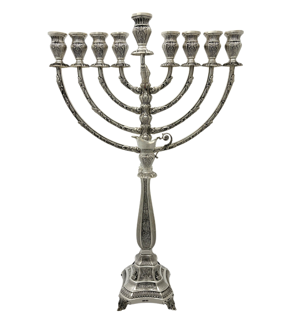 LARGE 925 STERLING SILVER HANDMADE CHASED LEAF APPLIQUE MATTE & SHINY MENORAH