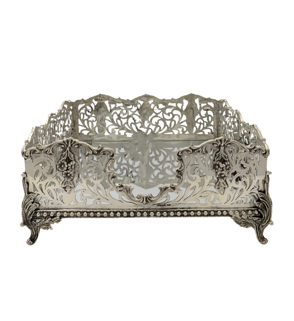 925 STERLING SILVER HANDMADE FLORAL LEAF APPLIQUE OPEN SWIRL FLAT NAPKIN HOLDER