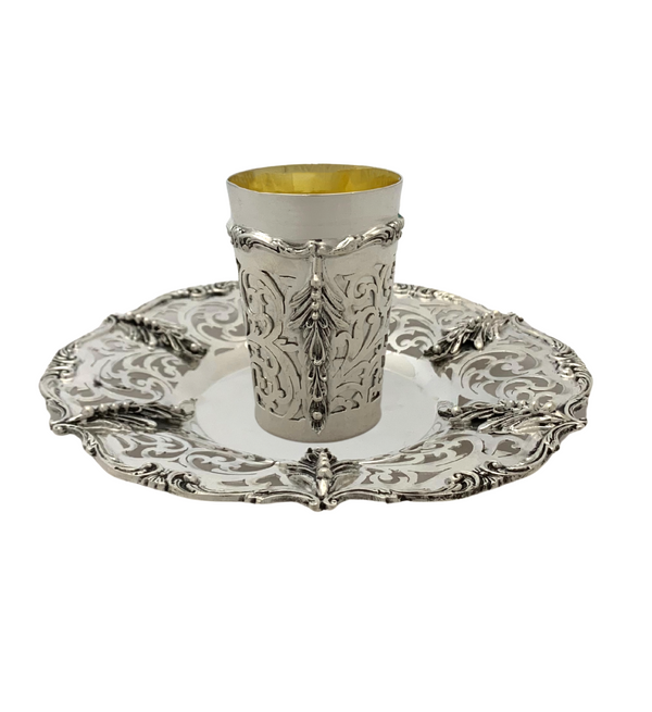 FINE 925 STERLING SILVER HANDMADE FLUTED OPEN SWIRL LEAF APPLIQUE CUP & TRAY