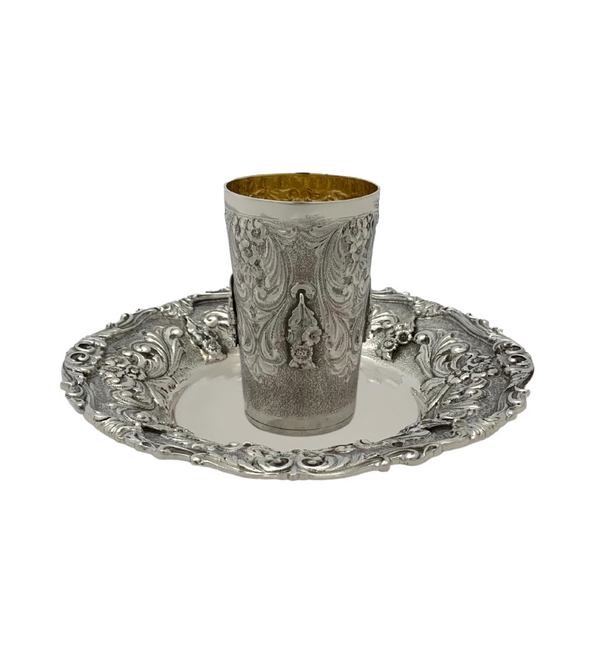 ITALY 925 STERLING SILVER HANDMADE FLORAL LEAF APPLIQUE MATTE SHINY CUP & TRAY