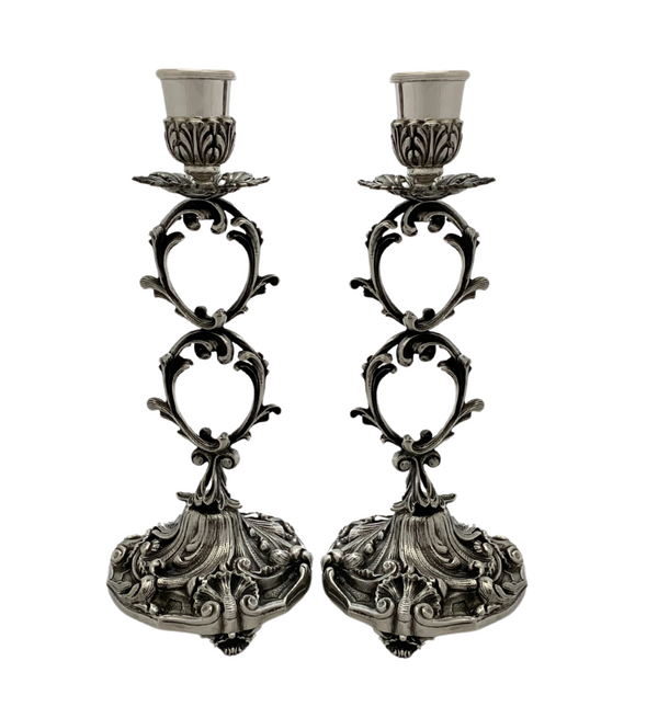 FINE ITALY 925 STERLING SILVER HANDMADE ELEGANT LEAF FLORAL SHELL CANDLESTICKS
