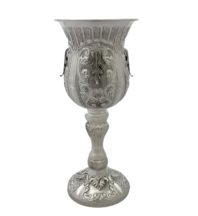 LARGE 925 STERLING SILVER HANDMADE LEAF APPLIQUE CHASED MATTE SHINY ELIYAHU CUP