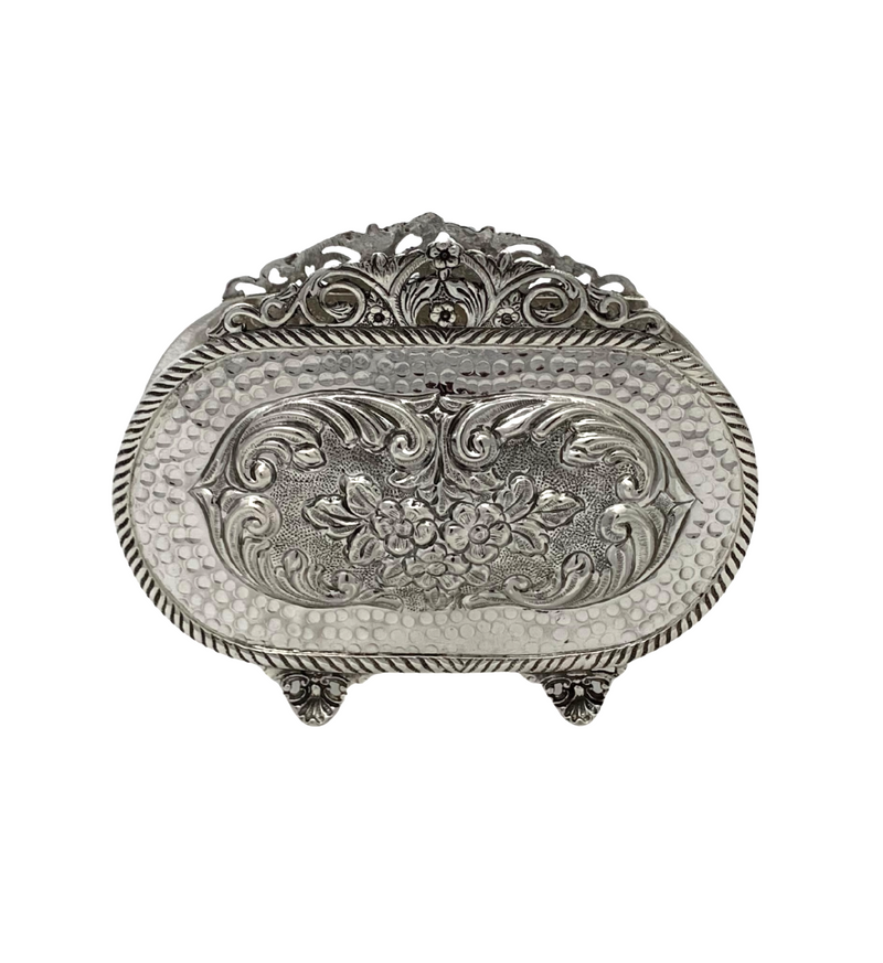 FINE 925 STERLING SILVER HANDMADE FLORAL CHASED ORNATE HAMMERED NAPKIN HOLDER