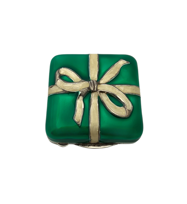 FINE SMALL ITALIAN 925 STERLING SILVER & GREEN ENAMEL HANDMADE RIBBON GIFT BOX