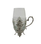 925 STERLING SILVER & GLASS INSERT HANDMADE LEAF APPLIQUE TEA CUP WITH HANDLES
