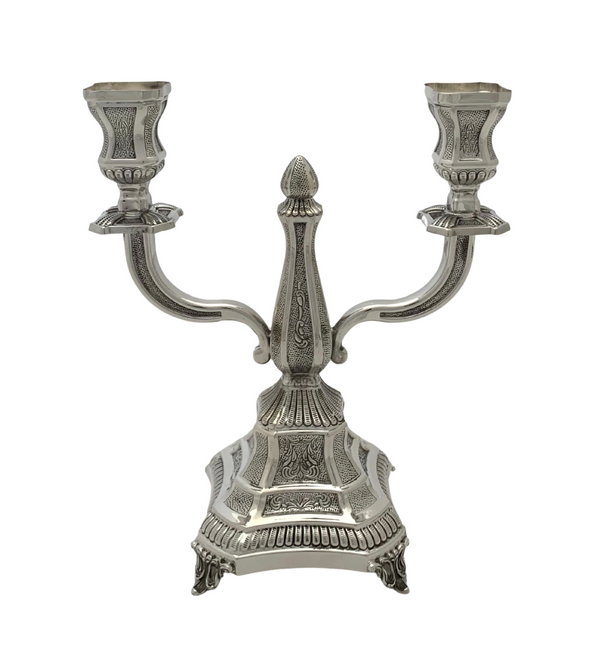 925 STERLING SILVER HANDMADE CHASED SWIRL ORNATE MATTE SHINY 2 LIGHT CANDELABRA