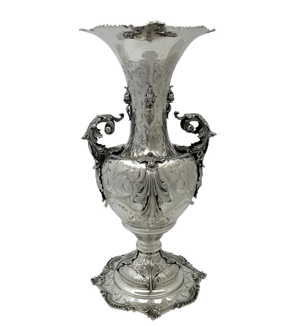 LARGE ITALY 925 STERLING SILVER HANDMADE LEAF APPLIQUE FLOWER VASE W HANDLES