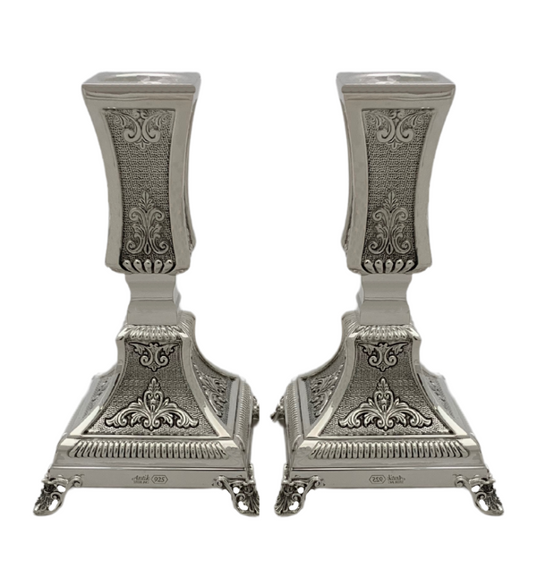 FINE SMALL 925 STERLING SILVER HANDMADE CHASED ORNATE MATTE & SHINY CANDLESTICKS
