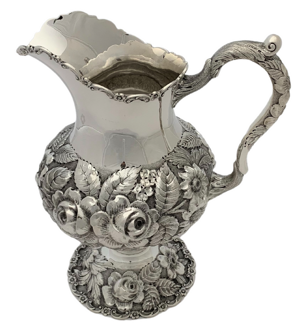 ANTIQUE 925 STERLING SILVER HANDMADE HEAVY FLORAL ORNATE SHINY SLEEK PITCHER