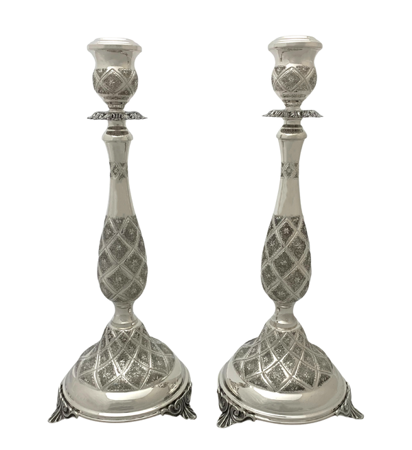 FINE 925 STERLING SILVER HANDMADE DIAMOND CUT SLEEK ORNATE ROUND CANDLESTICKS
