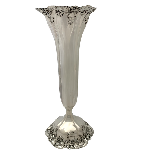 ANTIQUE AMERICAN 925 STERLING SILVER HANDMADE TALL FLORAL LEAF FLOWER VASE