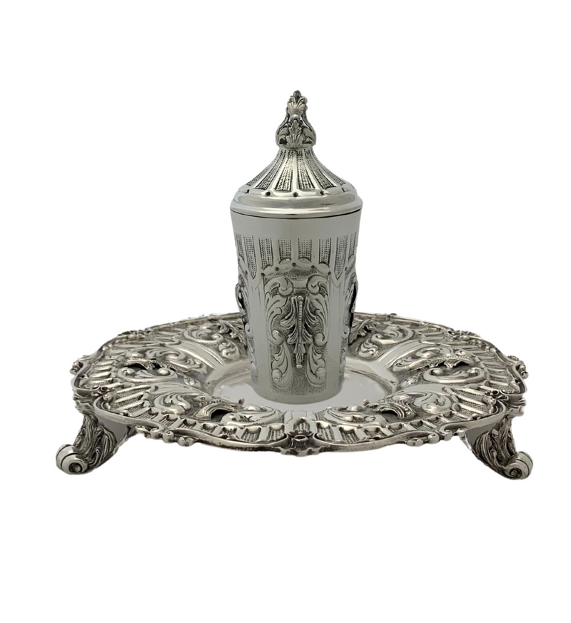 FINE 925 STERLING SILVER HANDMADE LEAF APPLIQUE ORNATE MATTE & SHINY CUP & TRAY