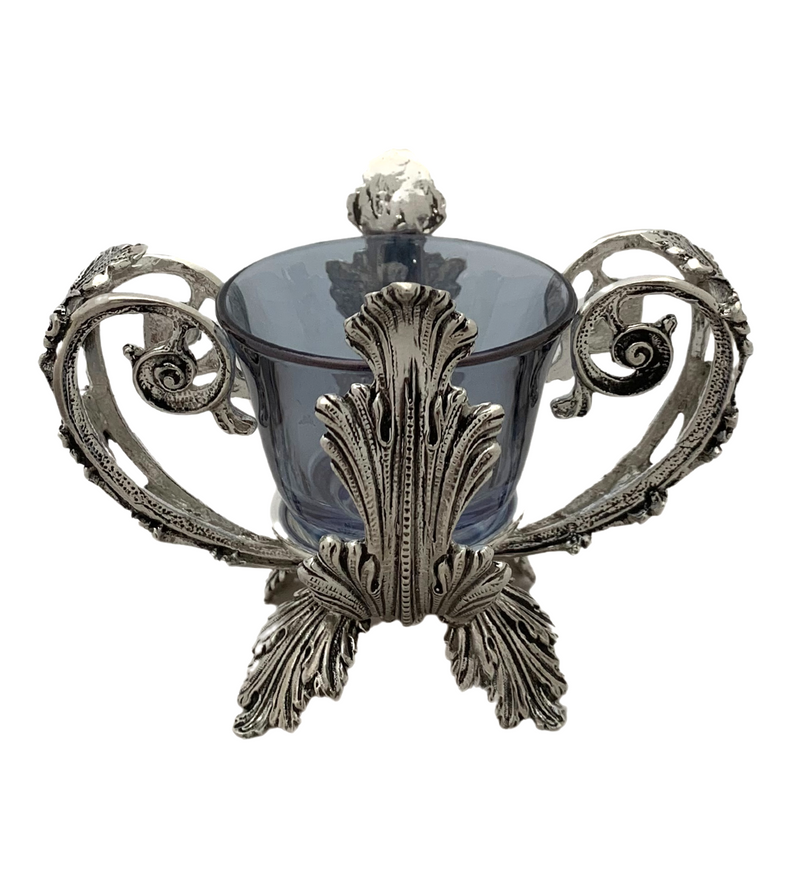 FINE ITALIAN 925 STERLING SILVER & BLUE GLASS HANDMADE LEAF APPLIQUE SALT HOLDER