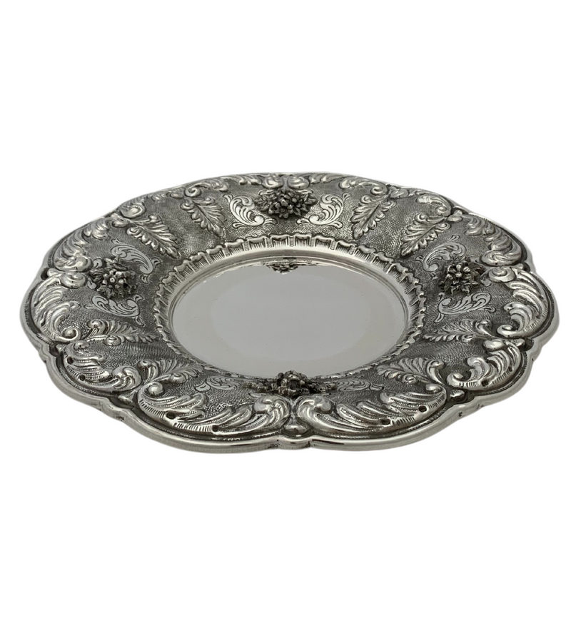 925 STERLING SILVER HANDMADE FLORAL LEAF APPLIQUE ORNATE SWIRL ROUND PLATE TRAY