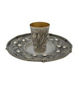 FINE ITALIAN 925 STERLING SILVER HANDMADE OLIVE BRANCH MATTE & SHINY CUP & TRAY