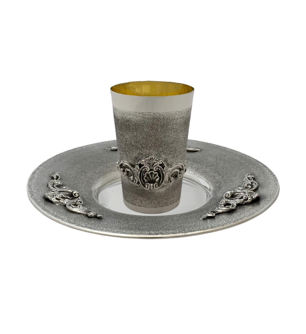 FINE 925 STERLING SILVER HANDMADE SHELL ORNATE APPLIQUE MATTE & SHINY CUP & TRAY