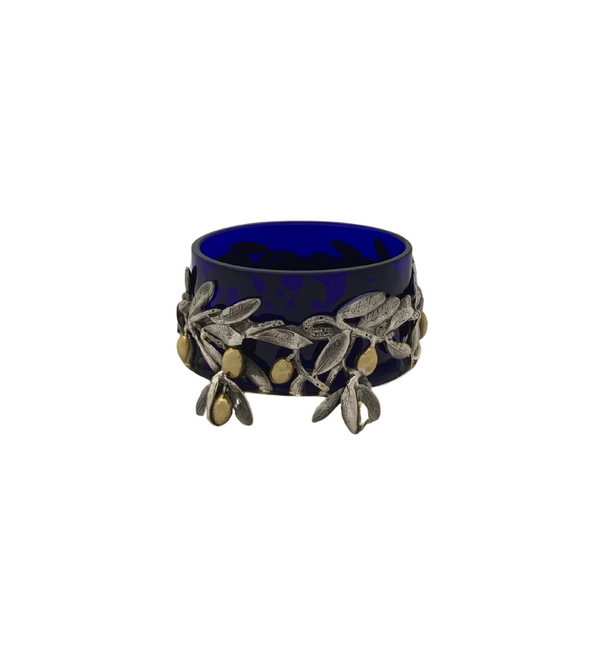 ITALY 925 STERLING SILVER & GILDED & BLUE GLASS HANDMADE OLIVE LEAF SALT HOLDER