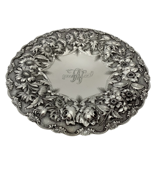 ANTIQUE STIEFF 925 STERLING SILVER HANDMADE FLORAL REPOUSSE MONOGRAMMED DISH