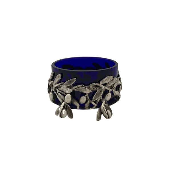ITALIAN 925 STERLING SILVER & BLUE GLASS HANDMADE OLIVE LEAF SINGLE SALT HOLDER