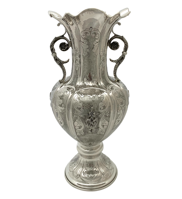FINE 925 STERLING SILVER HANDMADE LEAF FLORAL APPLIQUE FLOWER VASE WITH HANDLES