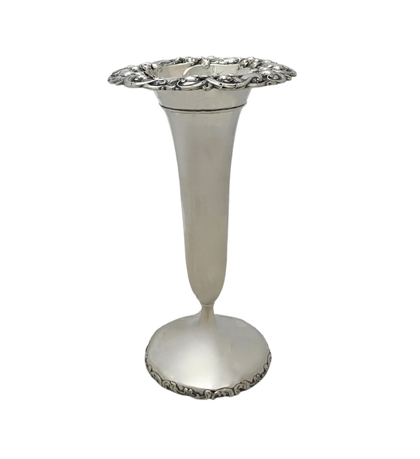 ANTIQUE 925 STERLING SILVER HANDMADE FLORAL LEAF ORNATE SHINY SLEEK FLOWER VASE