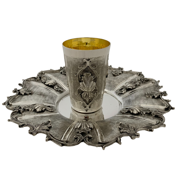 FINE 925 STERLING SILVER HANDMADE LEAF APPLIQUE ORNATE MATTE SHINY CUP & TRAY