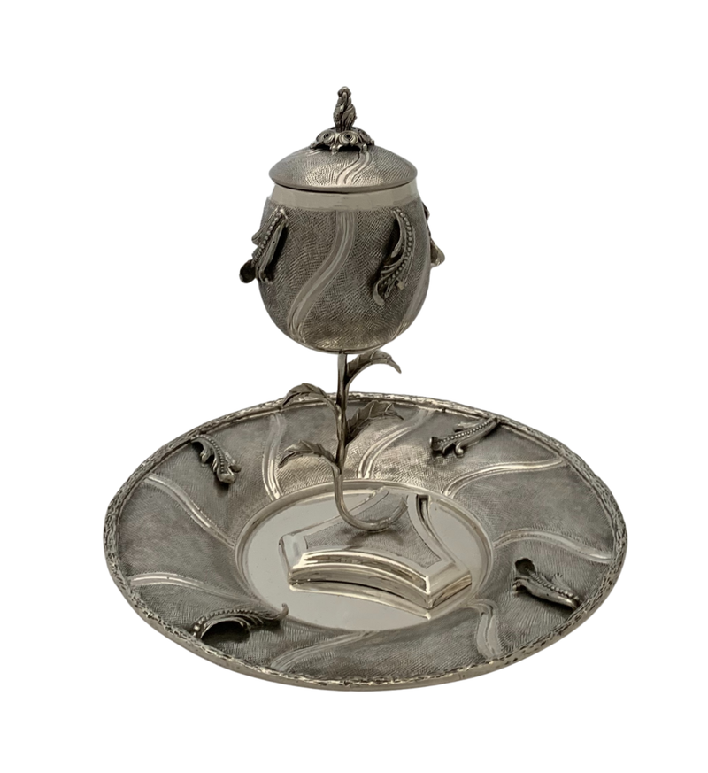 FINE 925 STERLING SILVER HANDMADE LEAF APPLIQUE MATTE & SHINY VIZNIZ CUP & TRAY