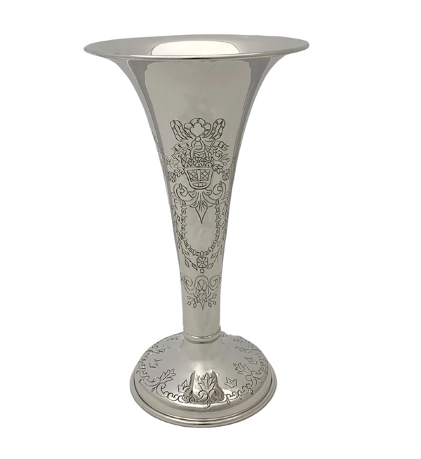 FINE 925 STERLING SILVER HANDMADE ETCHED FLORAL ORNATE SHINY SLEEK FLOWER VASE
