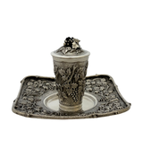 ITALY 925 STERLING SILVER HANDMADE GRAPE LEAF MATTE & SHINY CUP & TRAY & COVER