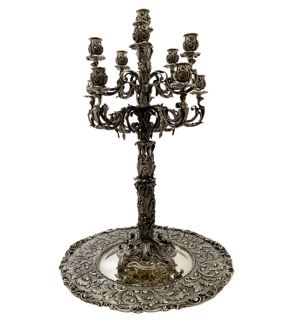 FINE ITALY 925 STERLING SILVER HANDMADE LEAF APPLIQUE 11 LIGHT CANDELABRA & TRAY