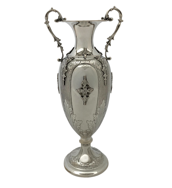 OLD ITALIAN 800 SILVER HANDMADE LEAF APPLIQUE CHASED MATTE & SHINY FLOWER VASE