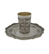 ITALY 925 STERLING SILVER HANDMADE CHASED SWIRL FLORAL MATTE & SHINY CUP & TRAY