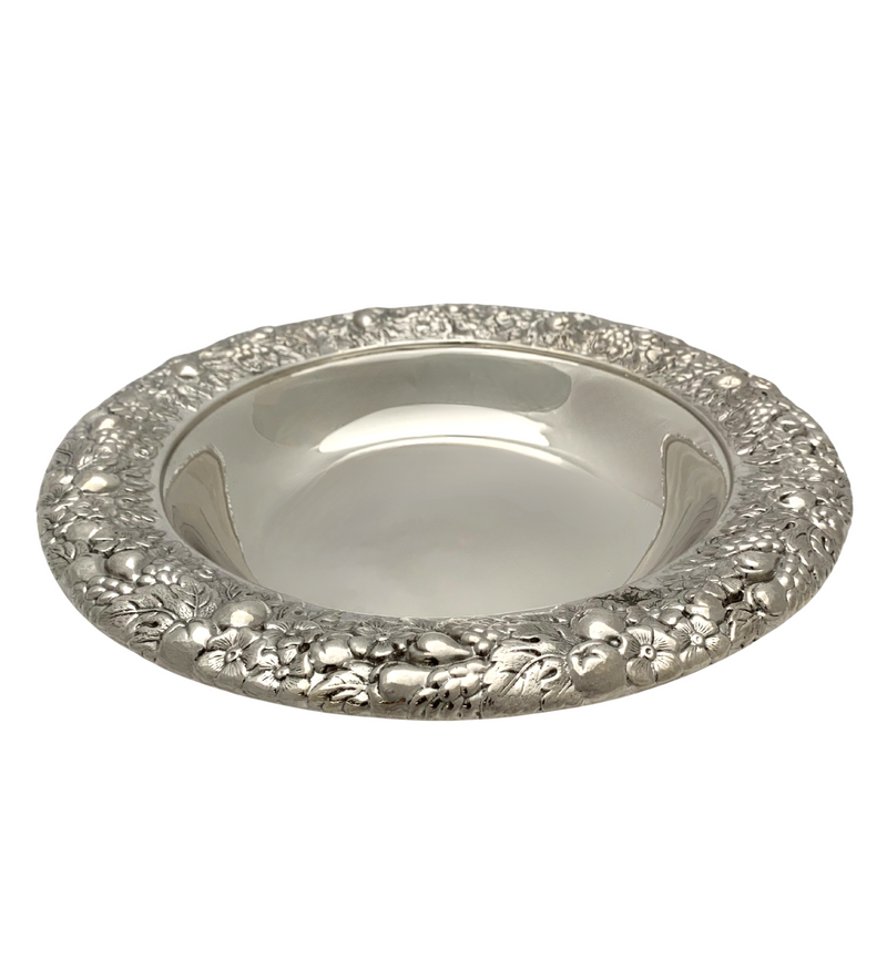 ANTIQUE 925 STERLING SILVER HANDMADE HEAVY FLORAL REPOUSSE ORNATE ROUND DISH