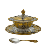 925 STERLING SILVER & GILDED HANDMADE CHASED FLORAL APPLIQUE SOUP BOWL & TRAY