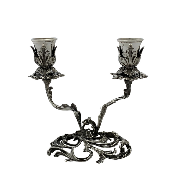 ITALY 925 STERLING SILVER HANDMADE LEAF APPLIQUE ORNATE OIL 2 LIGHT CANDELABRA