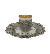 FINE 925 STERLING SILVER HANDMADE ORNATE LEAF APPLIQUE MATTE & SHINY CUP & TRAY